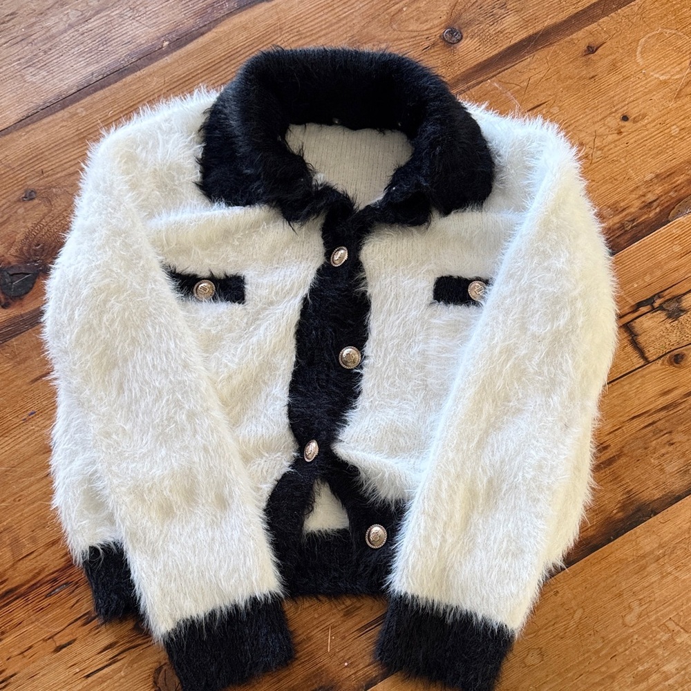 Maje Black and White Fuzzy Cardigan